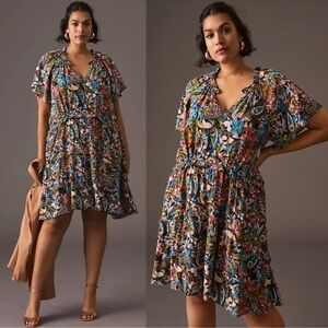 By Anthropologie Floral Print Robin Tiered Mini Dress Ruffle Peach Large Bobo